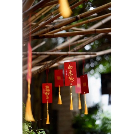 Bộ 25 thẻ treo thư pháp, trang trí tết có kèm tua rua và dây buộc.