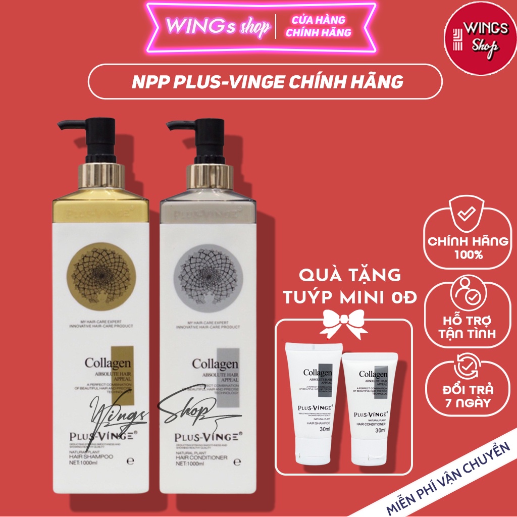 Cặp Dầu Gội Xả Collagen Plus Vinge 1000ml | Ngăn ngừa tóc gãy rụng, phục hồi tóc khô xơ, hư tổn | Wings Shop