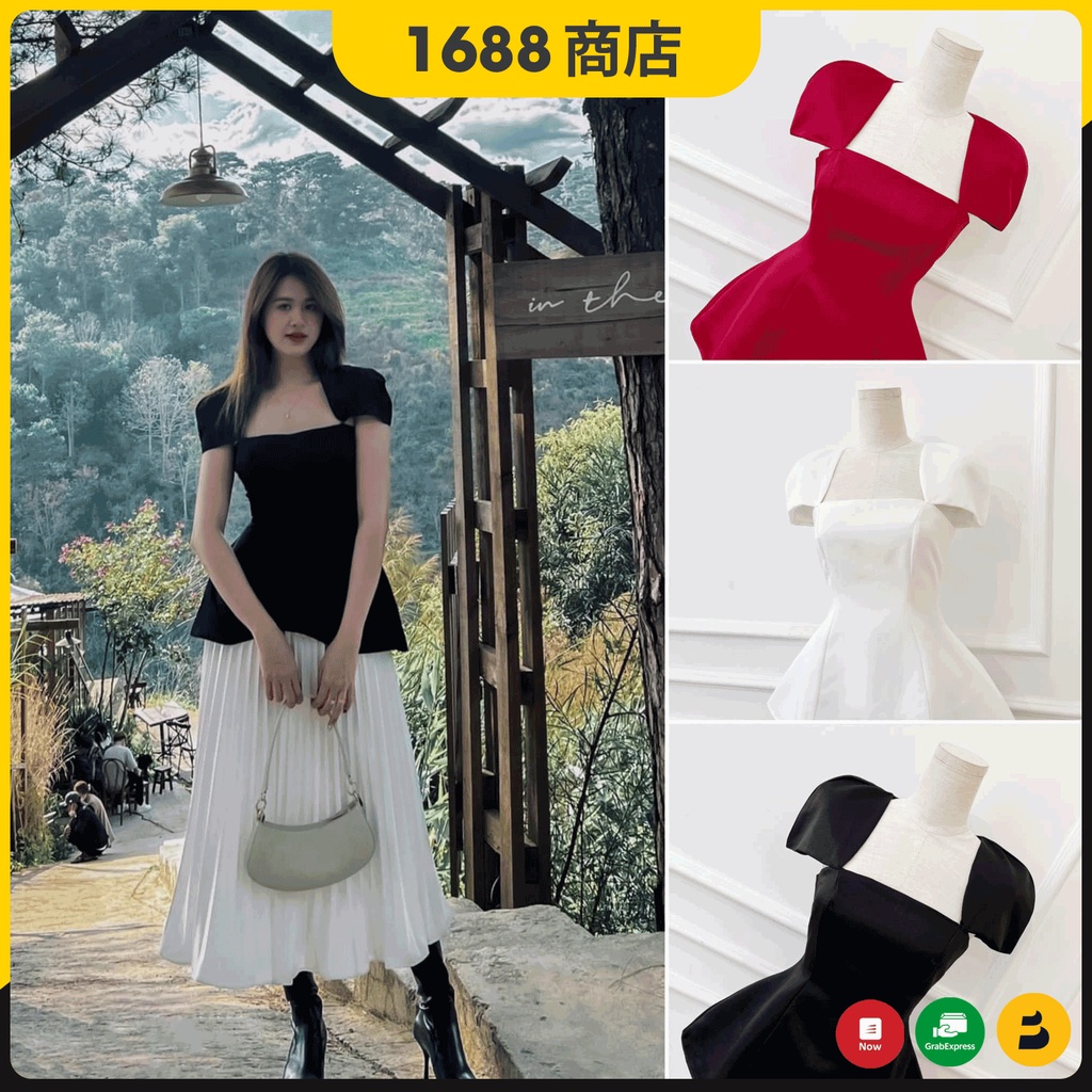 Áo peplum cổ vuông tay búp nhiều màu sang xịn mịn