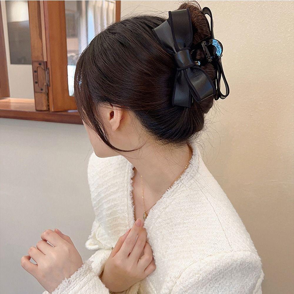 Kẹp Tóc Đuôi Ngựa Bằng Da PU Đính Nơ Phong Cách Vintage Cho Nữ