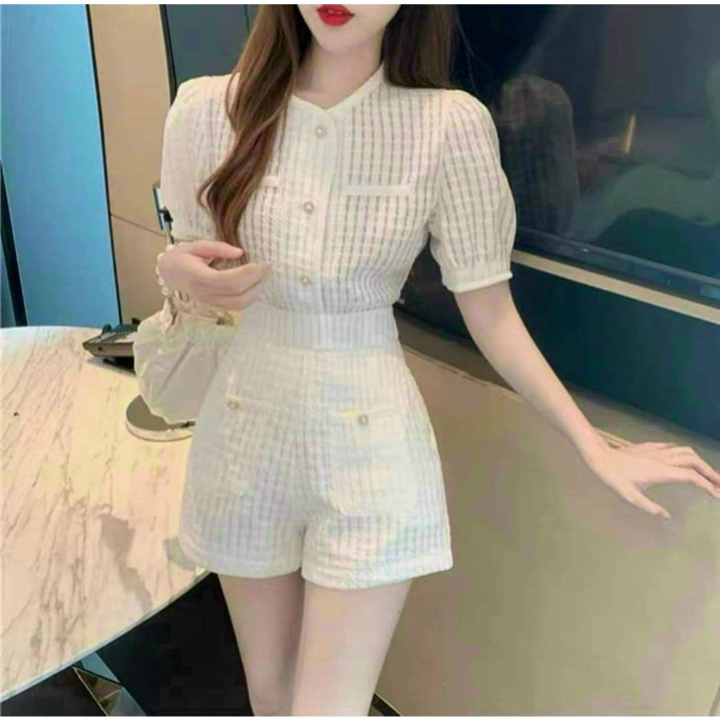 sét bộ đồ gấm áo sơ mi cổ tròn kết nút cườm viền trắng và quần ngắn 3 màu mặc dễ thương lịch sự MyMy store