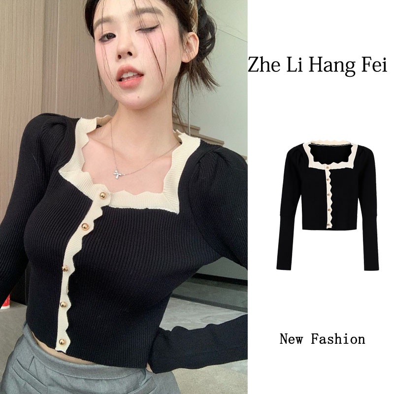 ZHELIHANGFEI Áo Dệt Kim Tay Dài Cổ Vuông Dáng Ôm Gợi Cảm Dành Cho Nữ