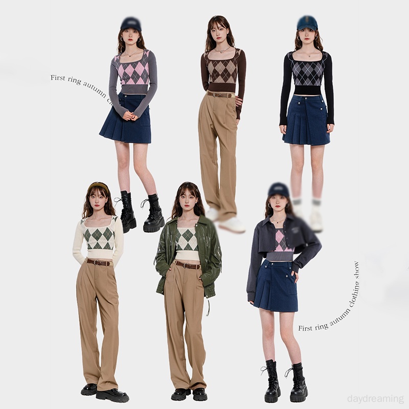 Áo Thun Croptop Tay Dài Cổ Vuông Họa Tiết Hình Thoi Phong Cách Retro Mỹ Cho Nữ