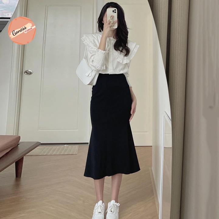 Chân váy dài Goness cạp cao màu đen đẹp thiết kế đuôi cá chất thun tăm co giãn công sở ôm body thời trang Hàn Quốc