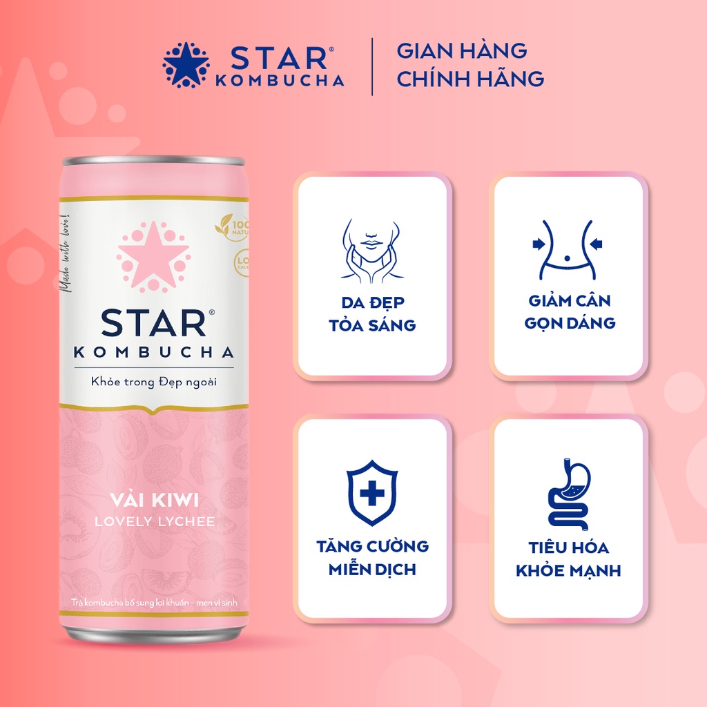 Thùng 12 lon trà lên men STAR KOMBUCHA Vải Kiwi / Lovely Lychee (250ml/lon) - Trà kombucha giảm cân chứa probiotics