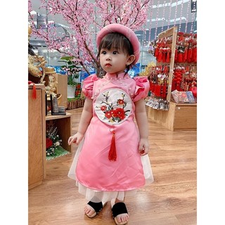 Áo Dài Lụa Đính Ngọc Kèm Mấn Cho Bé Gái