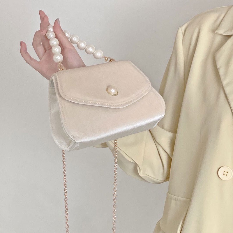 MISCHA Túi Đeo Vai Màu Trơn Chất Liệu Nhung Đính Ngọc Trai Thời Trang Cho Nữ