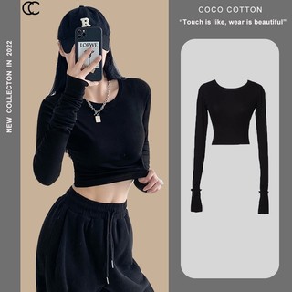 Áo thun nữ croptop tay dài COCOCOTTON cao cấp cổ tròn CC19