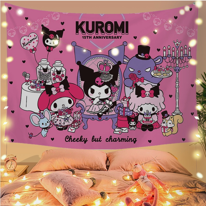 Tấm thảm nền với clip nhân vật hoạt hình Kuromi Polyester hình chữ nhật Phòng ngủ Trang trí nội thất Trang trí nền