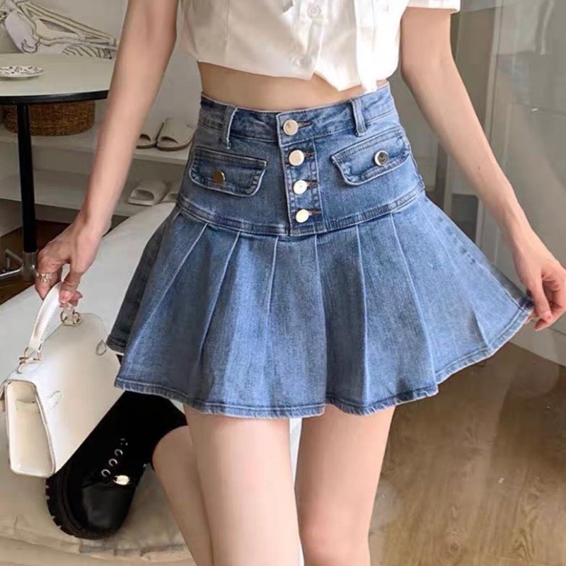 Chân váy jean xòe midi đính hàng nút CÓ LÓT TRong xinh lắm nha lyie
