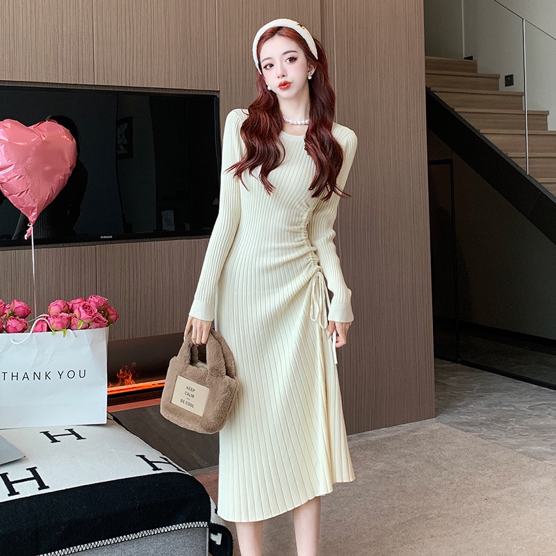 Đầm Sweater Dệt Kim Tay Dài Dáng Ôm Phối Dây Rút Kiểu Pháp Thời Trang Thu Đông Cho Nữ
