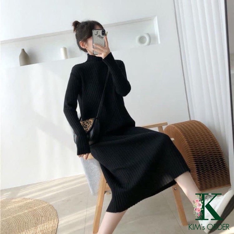 Váy len suông, đầm len gân qc basic dáng dài cổ cao 3cm thời trang năng động