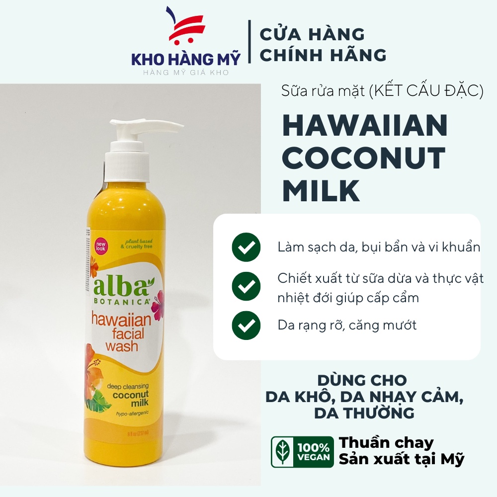 Sữa rửa mặt  ALBA BOTANICA chính hãng chiết xuất sữa dừa, làm sạch sâu nhẹ nhàng Cleanser dưỡng da trắng sáng