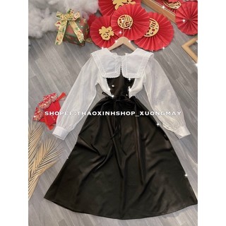 Đầm maxi đen phối trắng cột dây