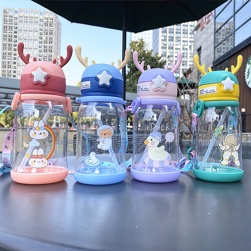 Bình nước ống hút trẻ em 600ml, bình cho bé hình sừng hươu dễ thương - Ống mềm Silicone Phim hoạt hình - LUCKYBABY
