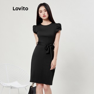Lovito Đầm cánh hoa thắt lưng trơn thanh lịch dành cho nữ L33ED050 (Đen)