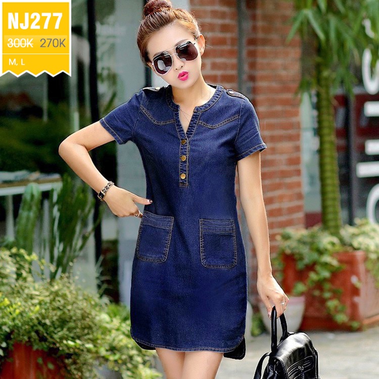 ĐẦM JEAN SUÔNG CỔ TRỤ LAI BẦU - NJ277