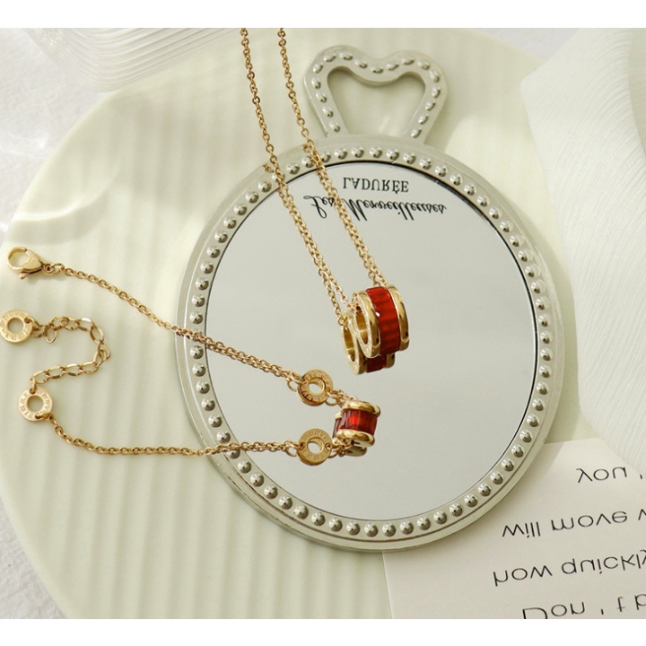 Combo dây chuyền và lắc tay titan màu vàng đá đỏ thời trang siêu đẹp, bền màu tạo vẻ sang trọng, quyến rũ cho người đeo