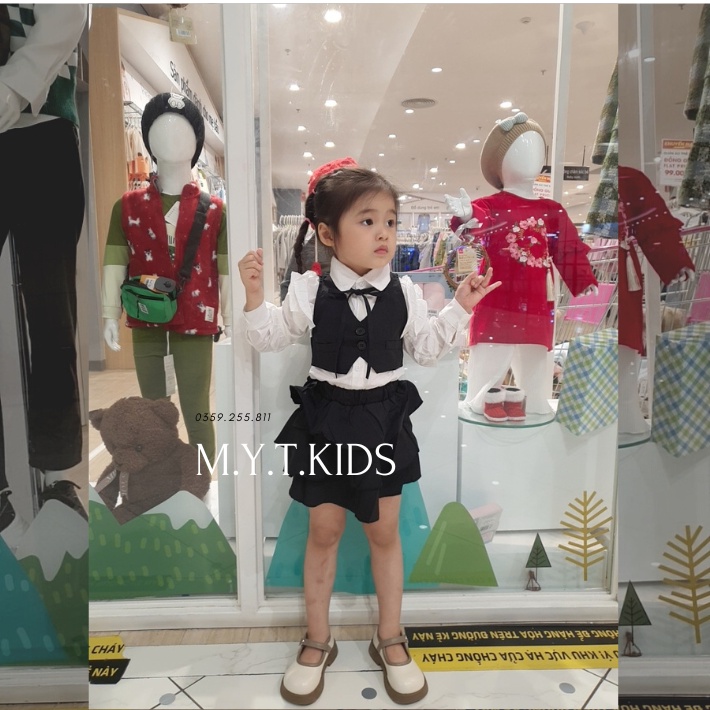 Set 3 Chi Tiết Bé Gái áo sơ mi kèm cv và áo vest sành điệu Mytkids
