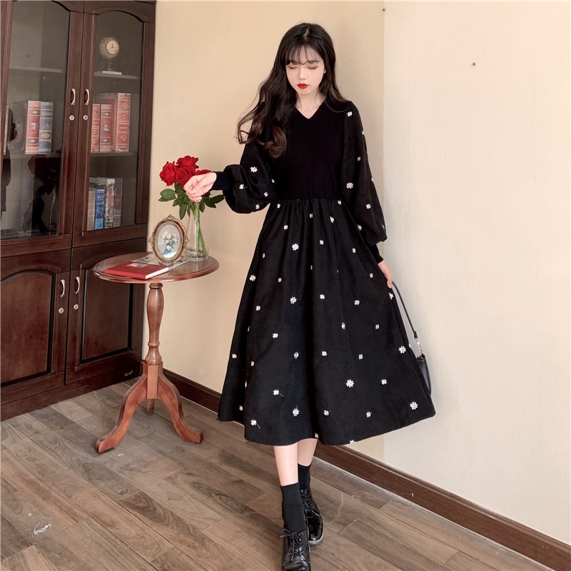 ZHELIHANGFEI Đầm Pháp cổ chữ V tay áo cổ chữ V váy dài kiểu dáng cao đa năng