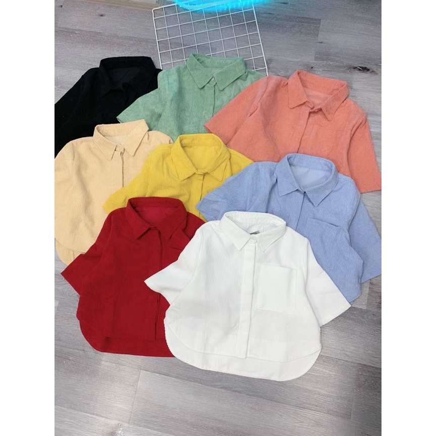Áo sơ mi nhung croptop tay ngắn vạt bầu siêu xinh