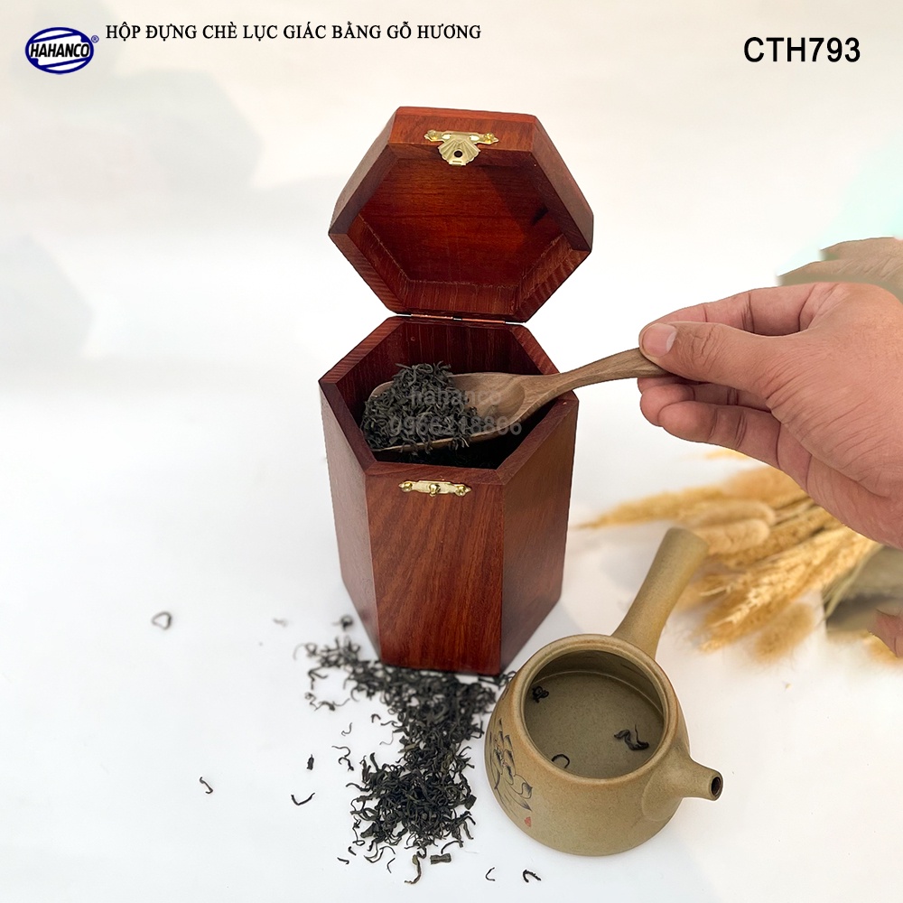 Hộp đựng trà bằng gỗ Hương mặt đục chữ Phúc - hình lục lăng, cafe, decor - CTH793