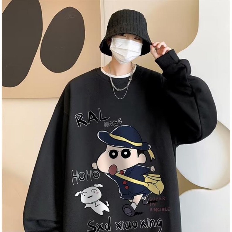 Áo Nỉ Tay Dài Cổ Tròn In Hình Cậu Bé Bút Chì Shin Phong Cách Hàn Quốc Nhật Bản Cho Nam Và Nữ Plus Size M-5XL