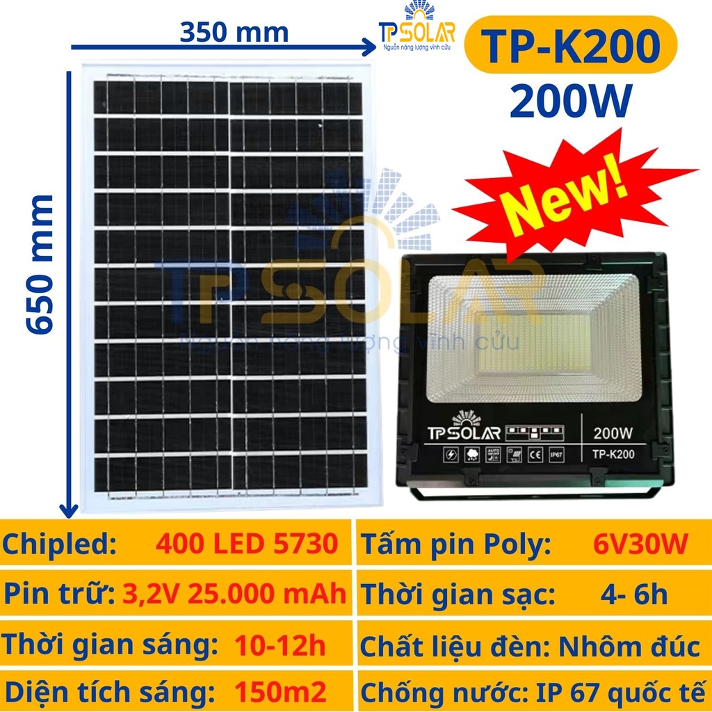 Đèn Pha Led Năng Lượng Mặt Trời TP Solar Công Suất 200W Ánh Sáng Chống Lóa, Cảm Biến Thông Minh