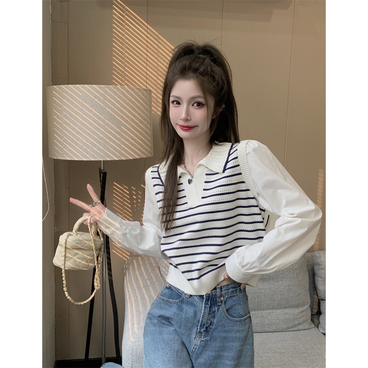 Áo Thun polo Giả Hai Lớp Tay Dài Họa Tiết Kẻ Sọc Thời Trang Cho Nữ