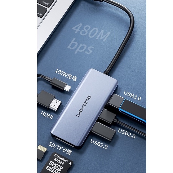 HUB USB 3.0 U136 WEKOME cho laptop - Cổng chuyển đổi HUB USB Type-C-USB2.0/HDMI/USB3.0/SD/TF/PD