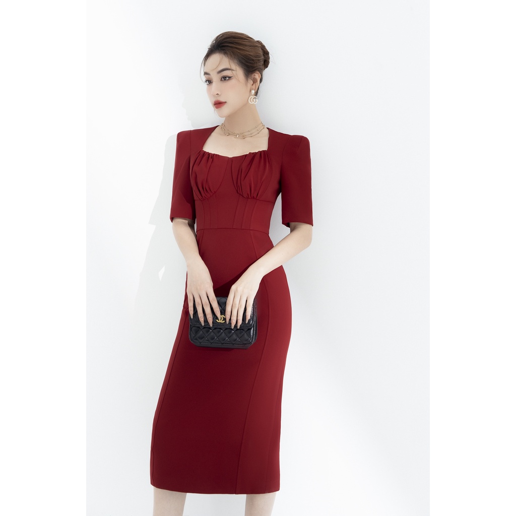 Váy Nữ Chất Liệu Chéo Ý Cộc Tay Cổ Vuông Xếp Ly Ngực Thanh Lịch Công Sở Đi Tiệc Đi Chơi By LEMIA Design - 22V055