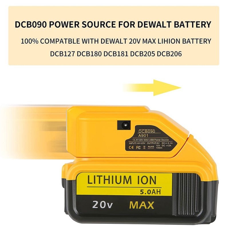 Bộ chuyển đổi Zwinky Dewalt, đầu ra USB 5V 2.1A, đầu ra type-C, có đèn Led,dùng với pin Dewalt 14.4V - 20V