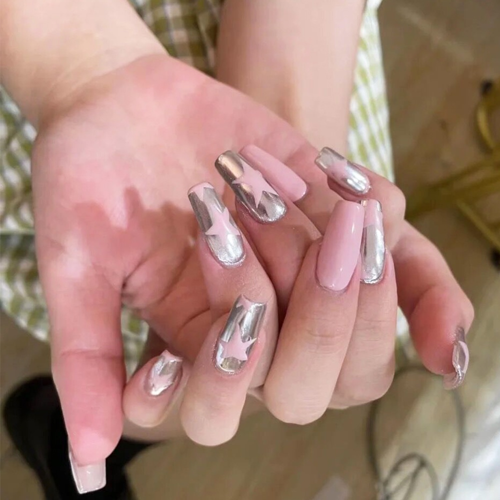 Nhãn Dán Móng Tay Dạng Trượt Tự Dính Hình Ngôi Sao / Trái Tim Màu Bạc / Hồng Xinh Xắn
