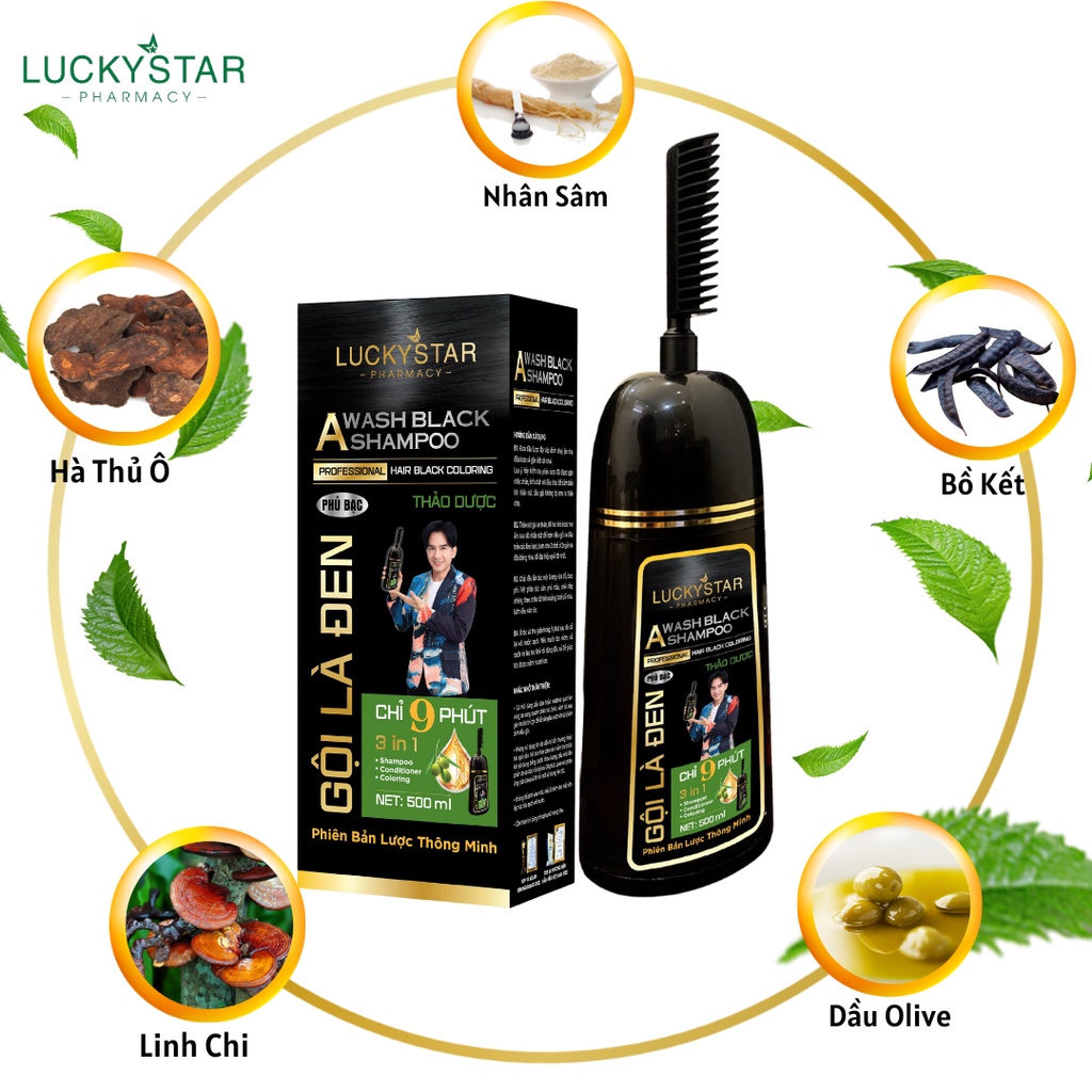 Dầu gội phủ bạc thảo dược Lucky Star 500ml, nhuộm tóc bạc, phủ đên tóc trắng tại nhà nhanh chóng