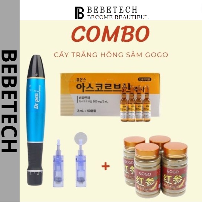 Máy Pen COMBO Cấy Hồng Sâm Gồm Máy Phi Kim Dr Pen Loại 1 Kèm Bột Hồng Xâm GoGo Cấy Trắng Da Và Vitamin C Huons Hàn Quốc