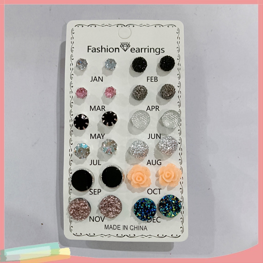 Set 12 Đôi Khuyên Tai Tròn Đính Đá Phong Cách Sang Trọng Thời Trang Cho Nữ