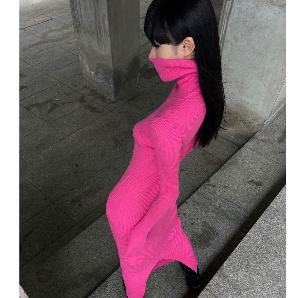 Bán Chạy! Giảm Giá Nóng!F &amp; X Đầm Dệt Kim Dáng Dài Qua Gối Cổ Cao Xẻ Tà Màu Hồng Thiết Kế Niche Kiểu Mới Dễ Phối Đồ Uni