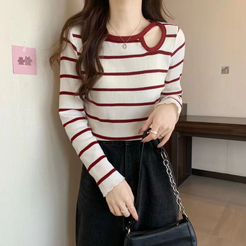 IELGYÁo sweater Dệt Kim Tay Dài Dáng Ôm Họa Tiết Kẻ Sọc Khoét Lỗ Thời Trang Cho Nữ