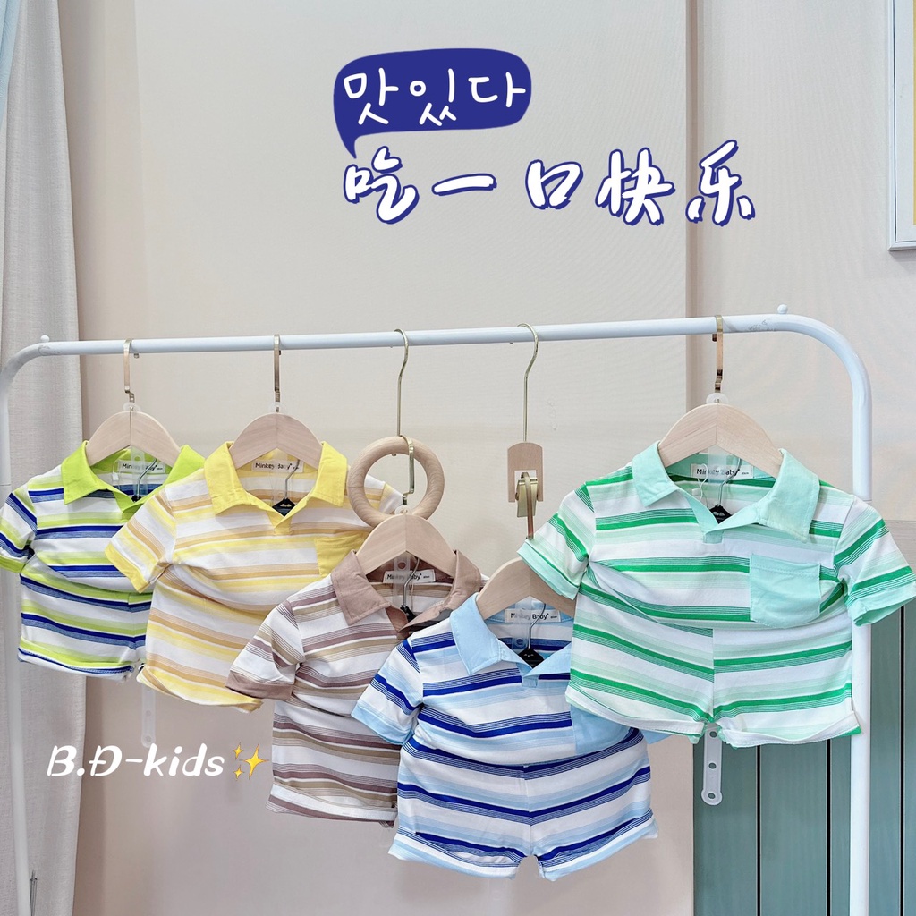 Full Size(6-26kg) Bộ Cộc Tay Hàng Minky Mom Chất Sọc Dệt Phối Cô PoLo Cho Bé Trai Bé Gái .Minkey Baby