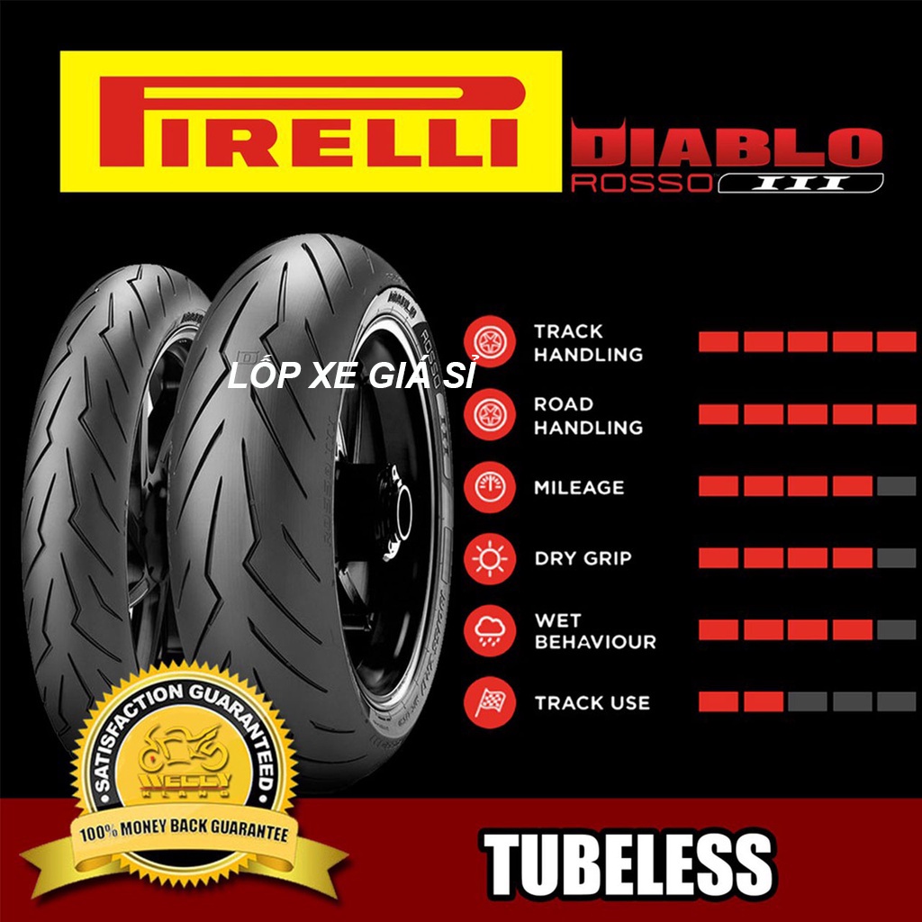 Vỏ lốp xe Pirelli Rosso III (ROSSO 3) cho MOTOR: YAMAHA, KAWASAKI, KTM, HONDA 100/80-17; 110/70-17; 140/70-17& 150/60-17