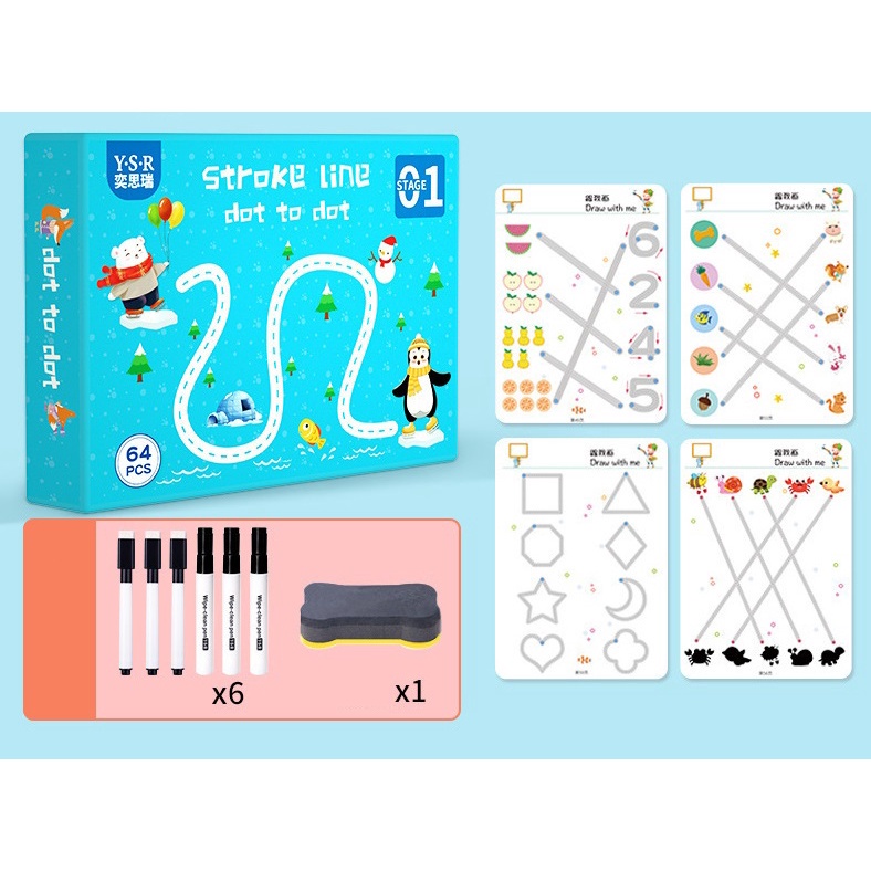 Sách Viết Xóa Montessori Stroke Line Bộ tập tô chữ và số viết xóa được, tặng kèm 6 bút