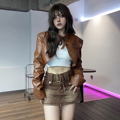 Weird Puss Áo Khoác Crop Top Da PU Tay Dài Cài Nút Phong Cách Punk Đường Phố Cá Tính Dành Cho Nữ