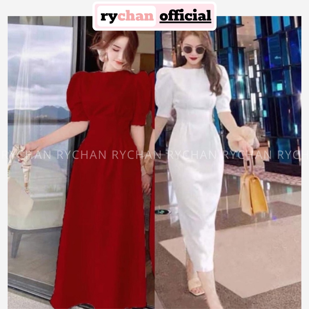 [ẢNH THẬT CUỐI] Đầm Dáng Dài Cổ Tròn Xếp Li Eo Sành Điệu, Đầm Nữ Tôn Dáng Tay Ngắn Màu Đỏ Trắng-DX168