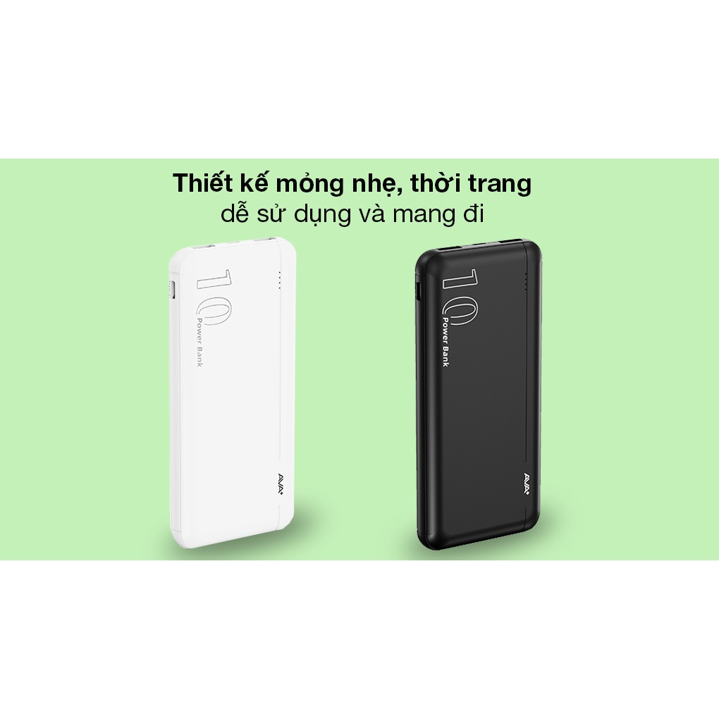 Pin sạc dự phòng Polymer 10000mAh Type C AVA+ PB100S, Cáp sạc đi kèm, hàng chính hãng, bảo hành 1 năm, lổi đổi mới