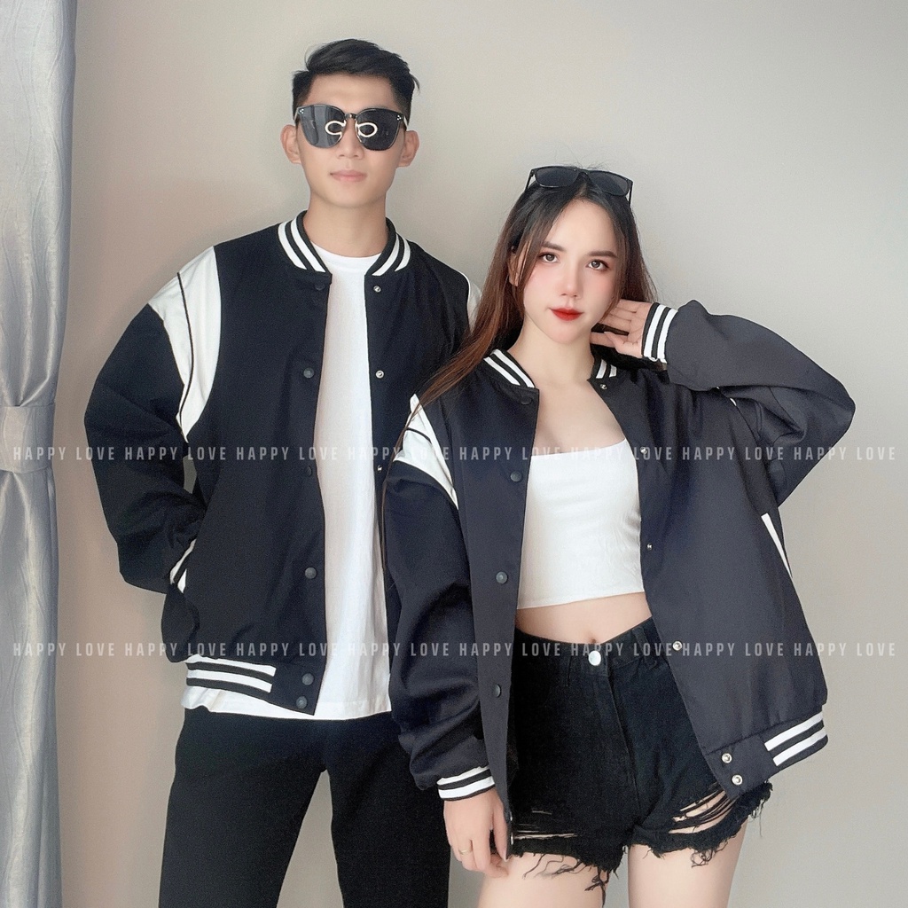 Áo Khoác Đôi Nam Nữ Couple Unisex Form Rộng Hàn Quốc Màu Đen Phối Sọc Viền Trắng QUẢNG CHÂU L1 HAPPYLOVE H43