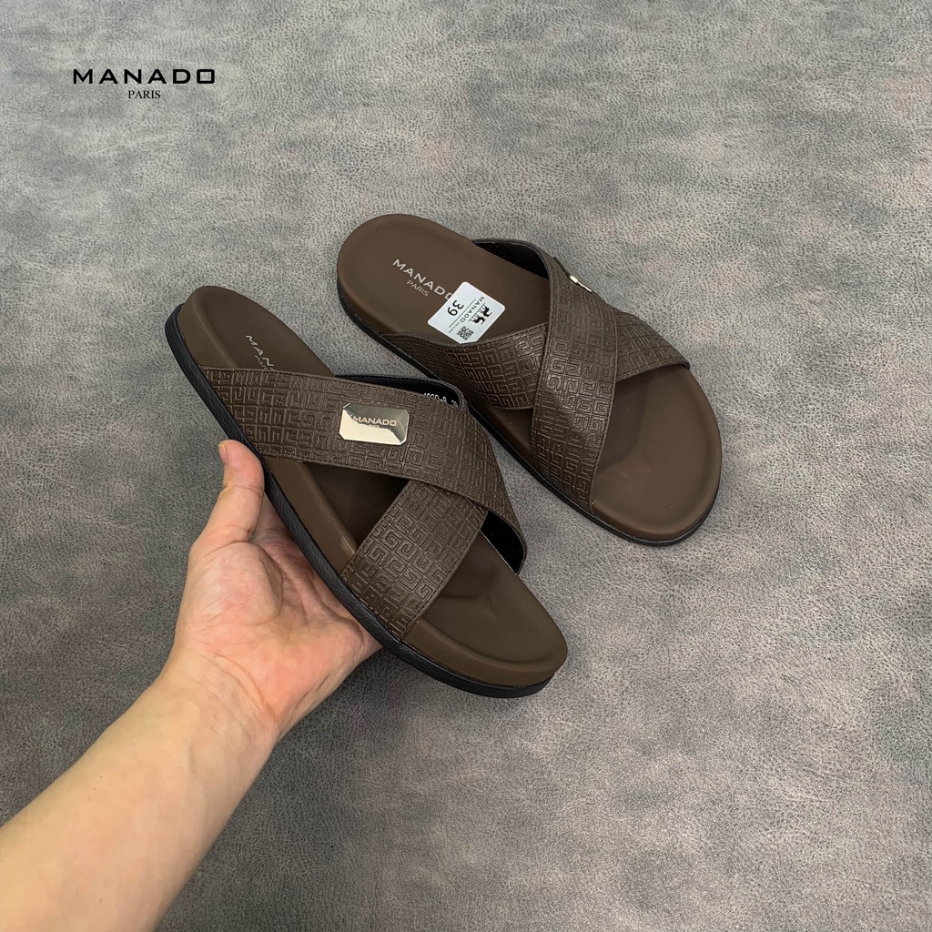 Dép da nam quai chéo cao cấp Manado Mã MND10 màu nâu fullbox, quai da mềm mại, đế cao su thiết kế chắc chắn