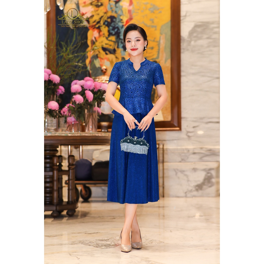 Đầm Peplum kimsa cổ tàu V Ladyshop thời trang trung niên cao cấp T43