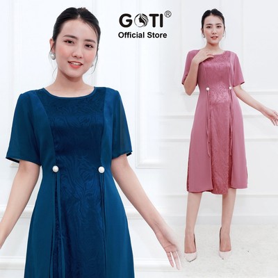GOTI - SALE LẺ SIZE Đầm Dự Tiệc Trung Niên Cao Cấp Dáng Dài Gấm Hoam Đính Nút Giấu Bụng U50 3364