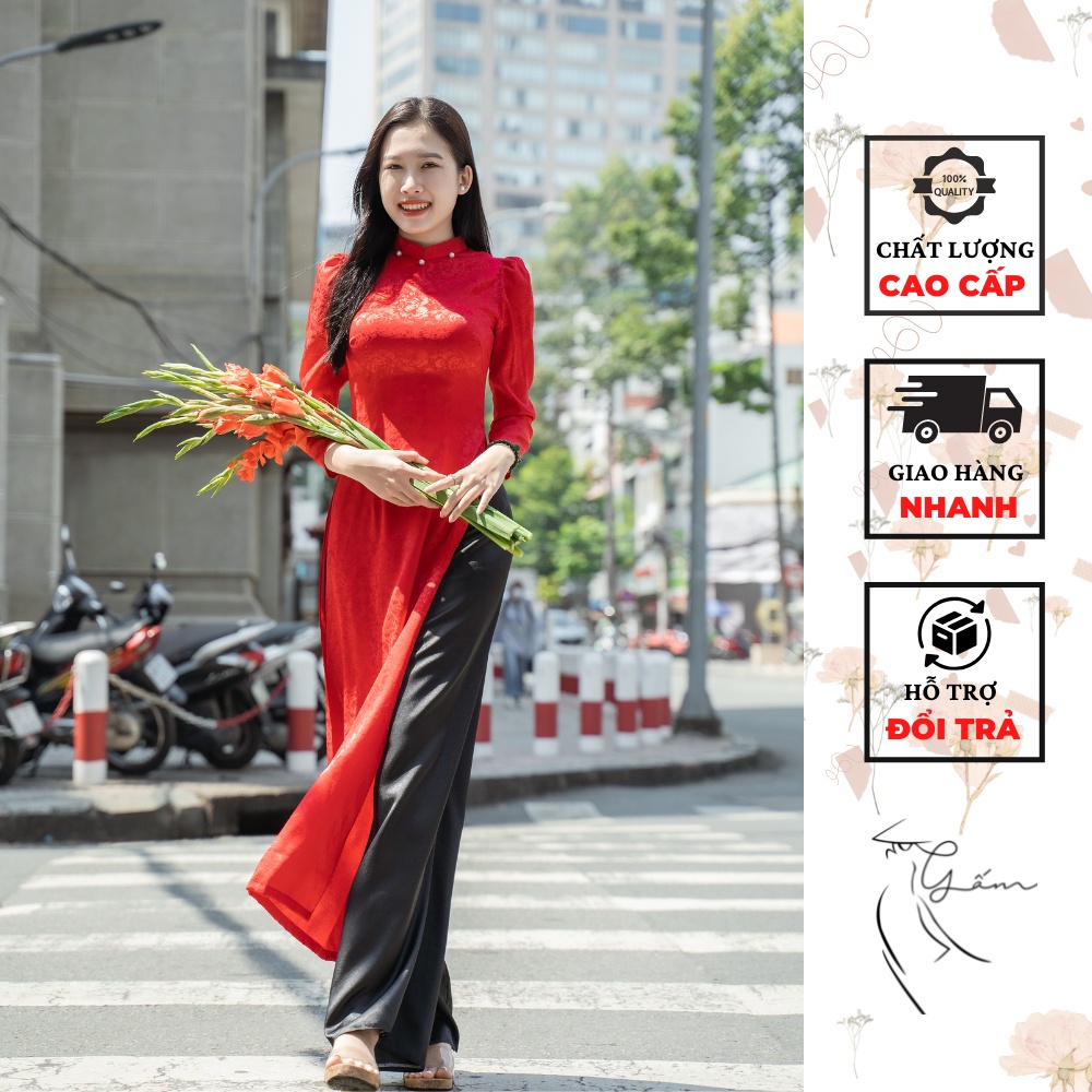 Áo dài tết nữ màu đỏ kèm quần, áo dài gấm đỏ truyền thống vân hoa cao cấp chơi tết, tiệc cưới, dạ hội