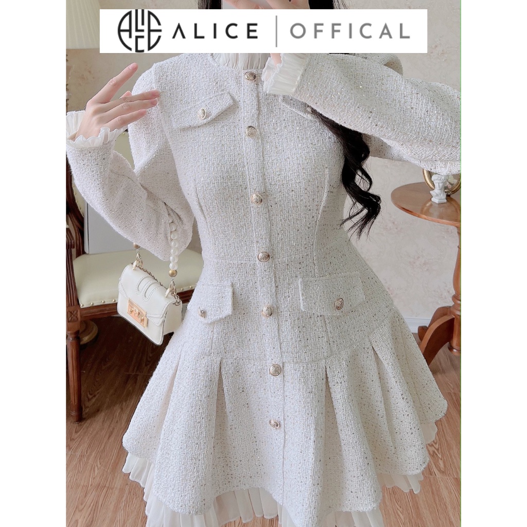 Váy Dạ Tweed Tiểu Thư ALICE Set Váy Dạ Tay Dài, Váy Tết, Váy Mùa Đông Nữ Thiết Kế Kim Sa Phối Tơ Nhũ Dáng Xoè V1059